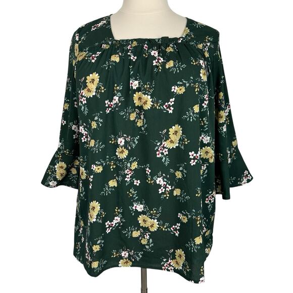 Suzanne Betro Weekend Top Women 1X Green Floral Cottagecore Peasant Boho Flowy - Picture 1 of 12